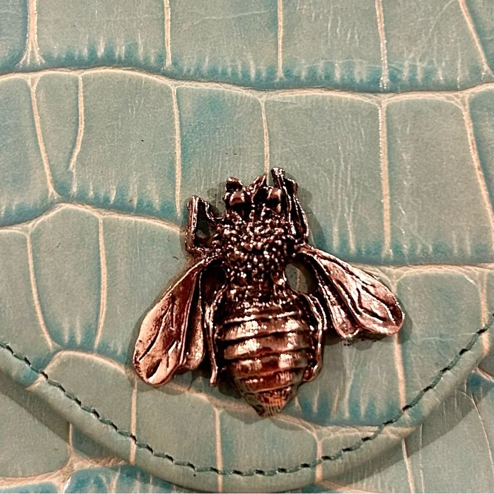 Vintage Teal Croc Embossed Leather Envelope Clutch w/ Silver Bumble Bee